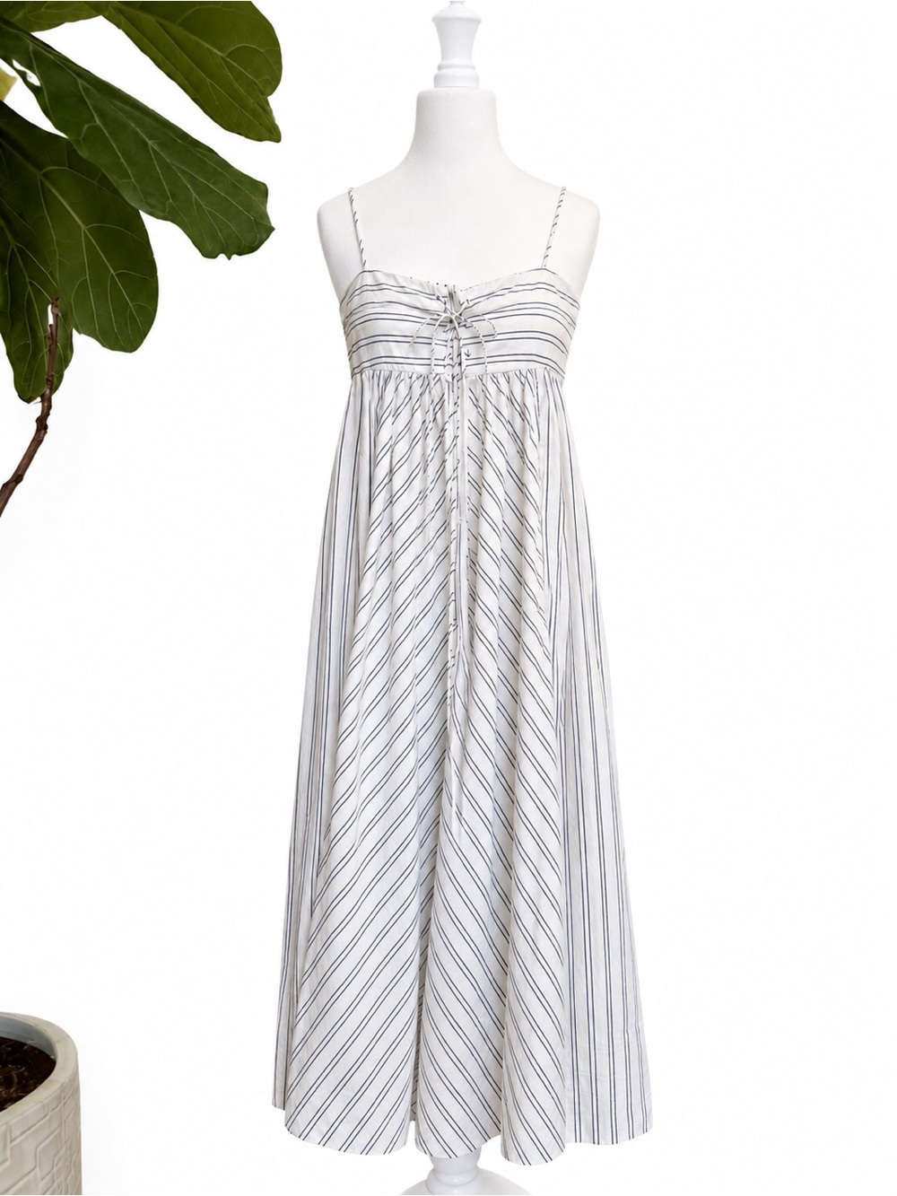 Free People White & Navy Striped Spaghetti Strap Maxi Dress